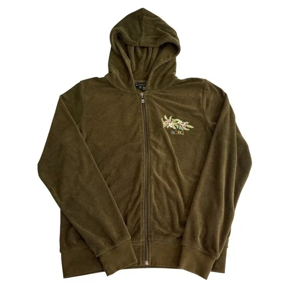 Y2K BCBGMAXAZRIA Olive Green Velour Hoodie Jacket Floral Bird Embroidery Large - Picture 3 of 7